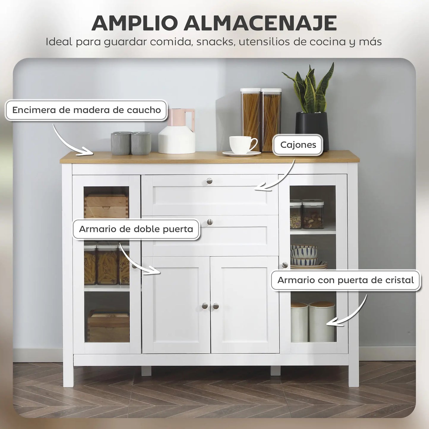 APARADOR DE COCINA BLANCO CON PUERTAS DE VIDRIO Y CAJONES – MODELO CLASSIC image 9