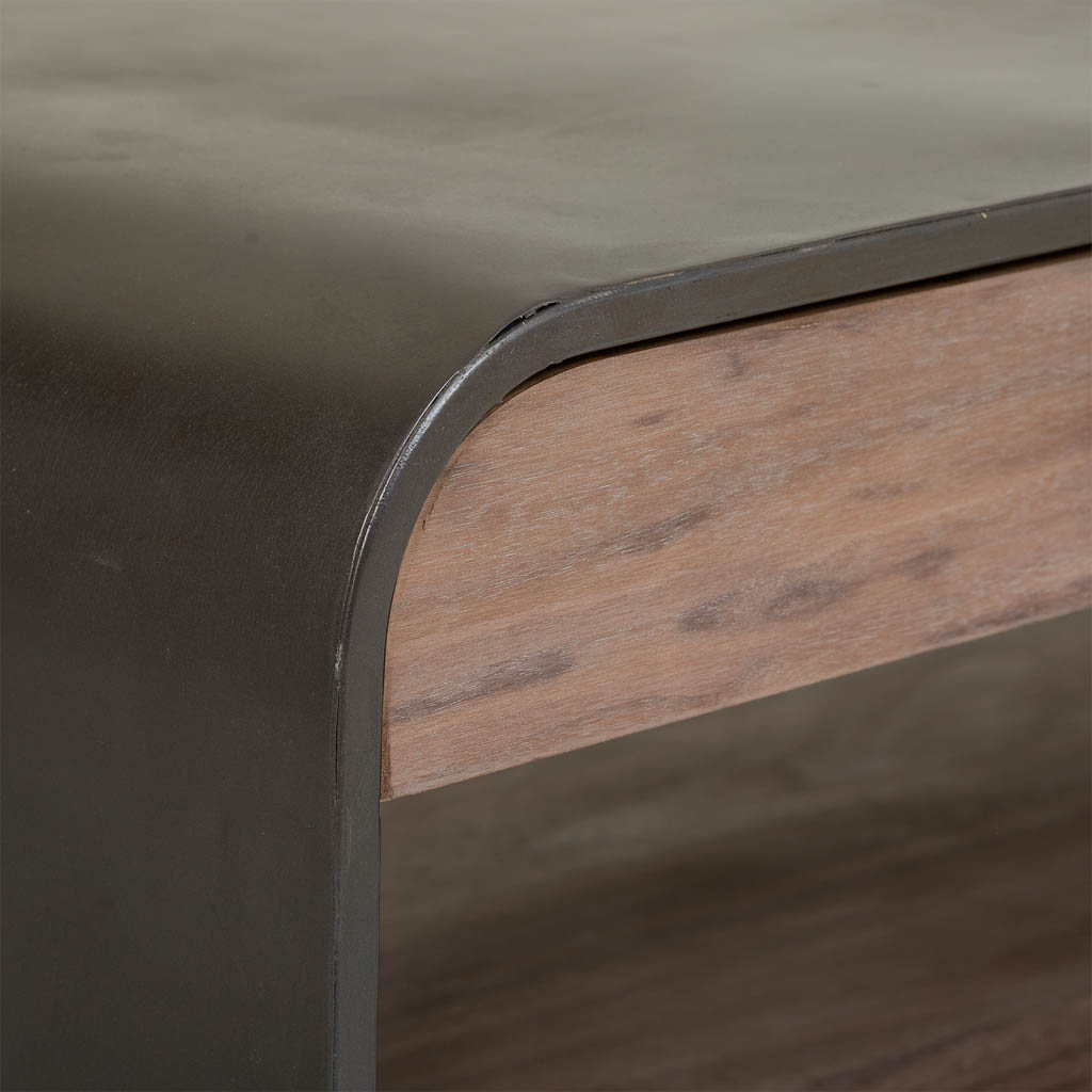 ☕ MESA DE CENTRO DUNA 120 – MADERA + METAL NEGRO · 2 CAJONES + BALDA INFERIOR · ESTILO INDUSTRIAL
