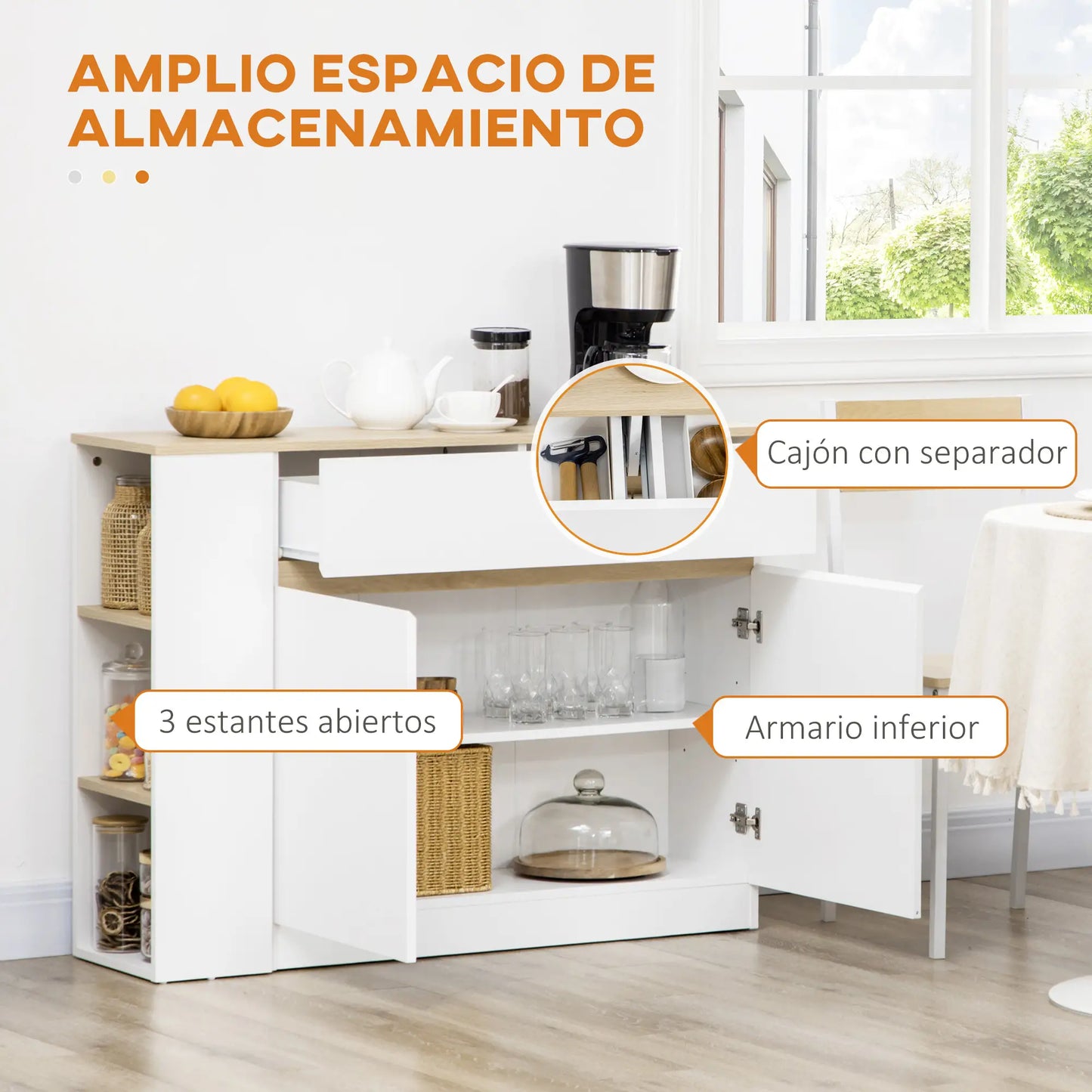 APARADOR DE COCINA BLANCO CON ESTANTES ABIERTOS Y CAJÓN – MODELO SIERRA image 9