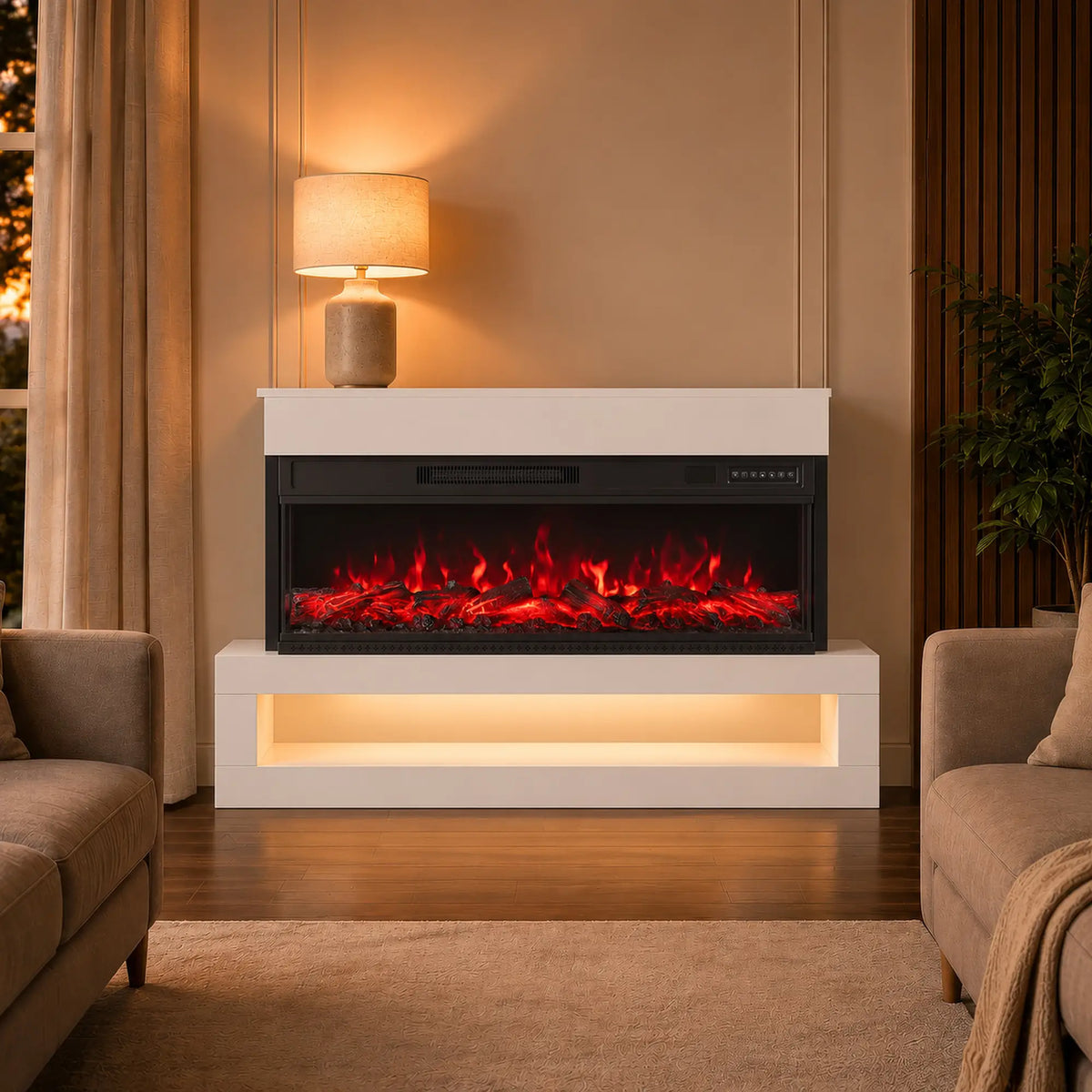 🔥 CHIMENEA ELÉCTRICA PANORAMIC FLAME 110 – BLANCA CON LLAMAS 3D, MUEBLE TV Y LUZ LED