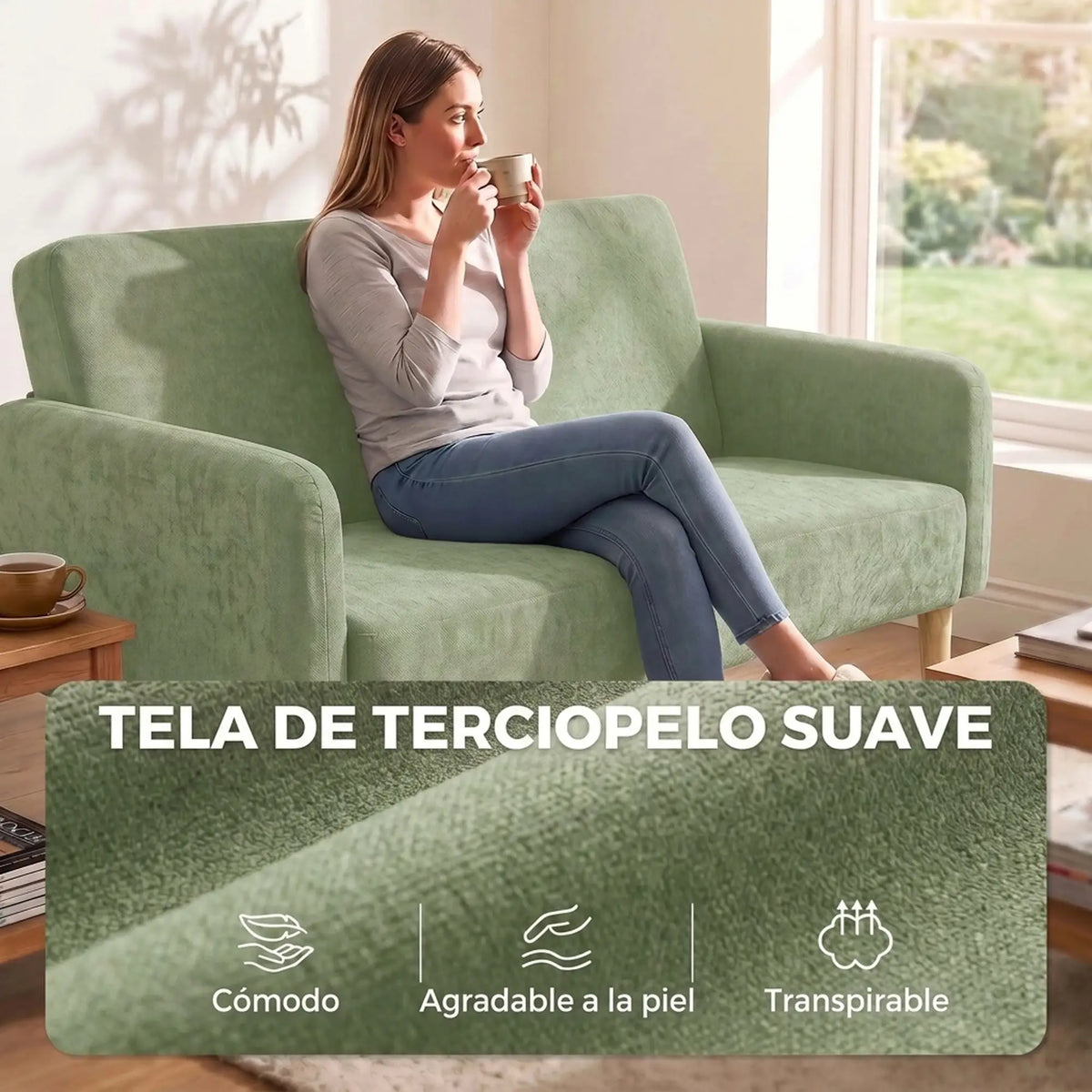 💚 SOFÁ VELVET GREEN 2 PLAZAS – TERCIOPELO VERDE CON ASIENTO ACOLCHADO 160 CM