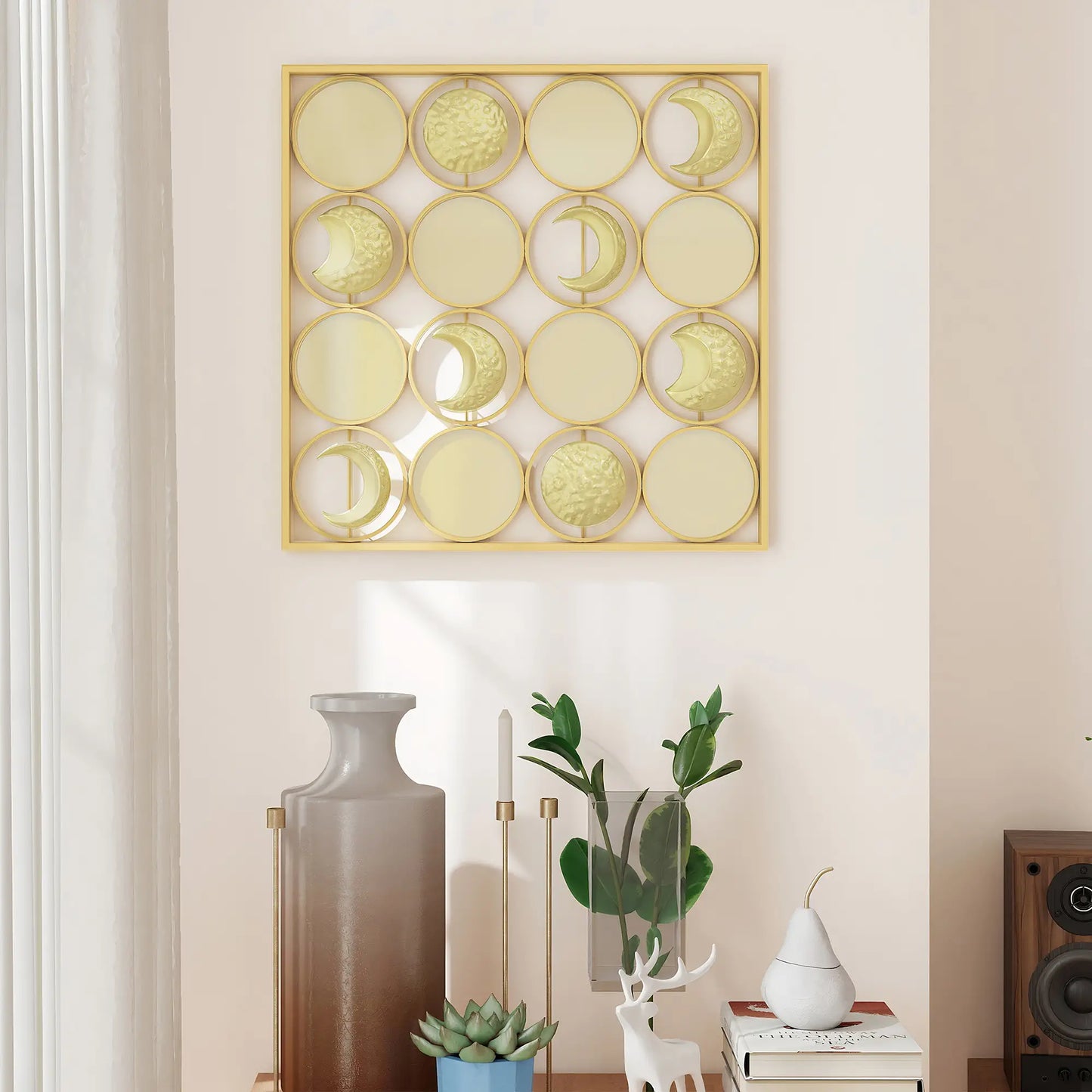 🌙 CUADRO DECORATIVO DE METAL FASES LUNARES – DECORACIÓN DE PARED DORADA 67,9 × 67,9 CM