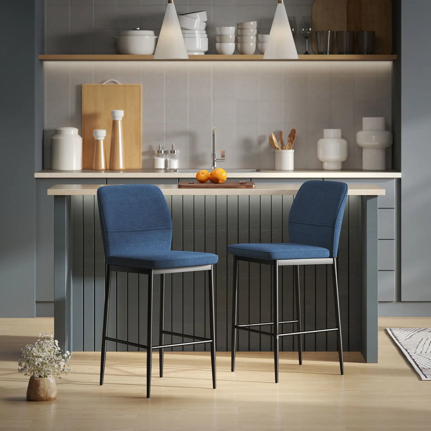🪑 Set de 2 Taburetes Altos Tapizados en Terciopelo Azul con Patas de Acero – Diseño Moderno para Cocina, Isla o Barra