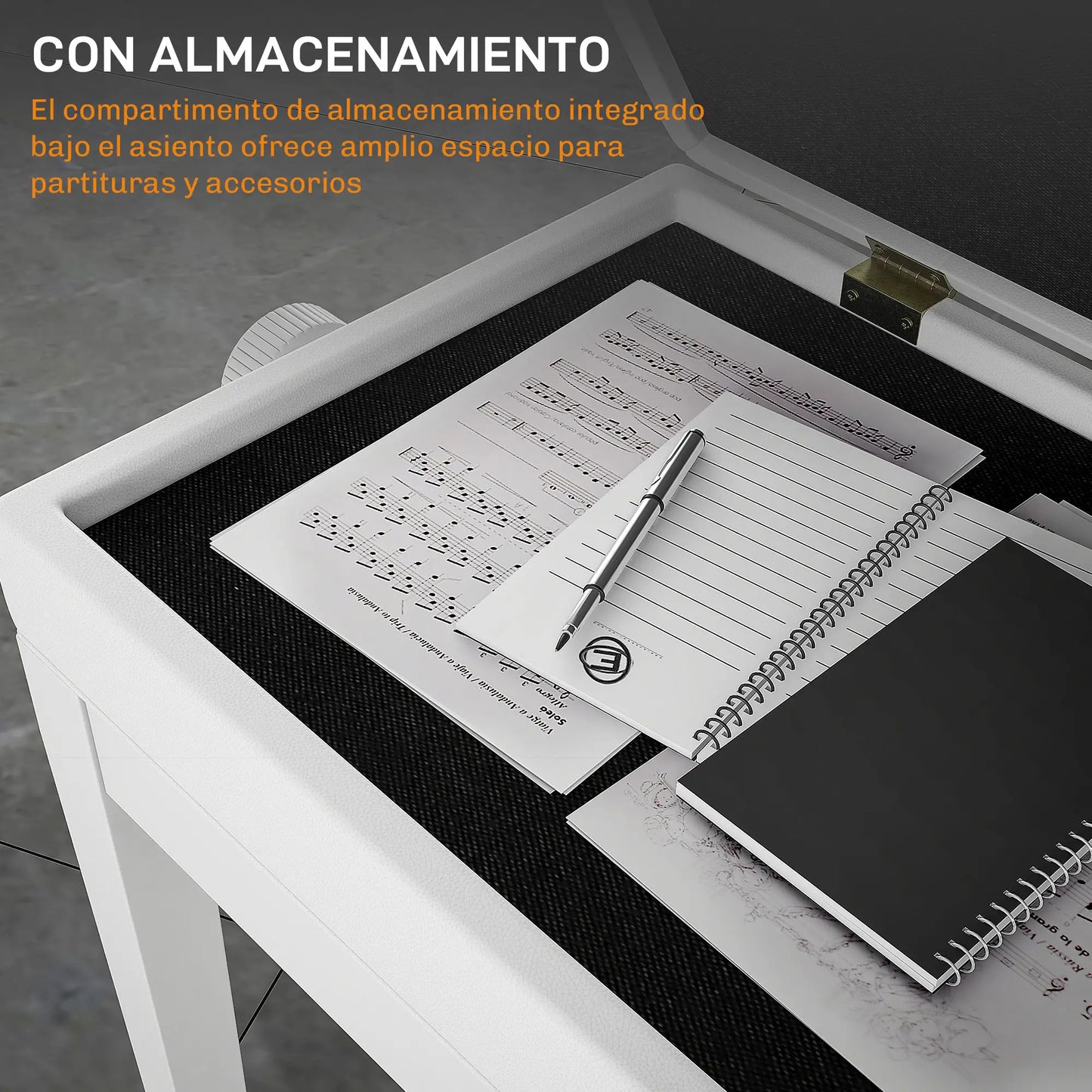 BANQUETA DE PIANO HARMONY LIFT BLANCA AJUSTABLE CON ALMACENAJE image 9