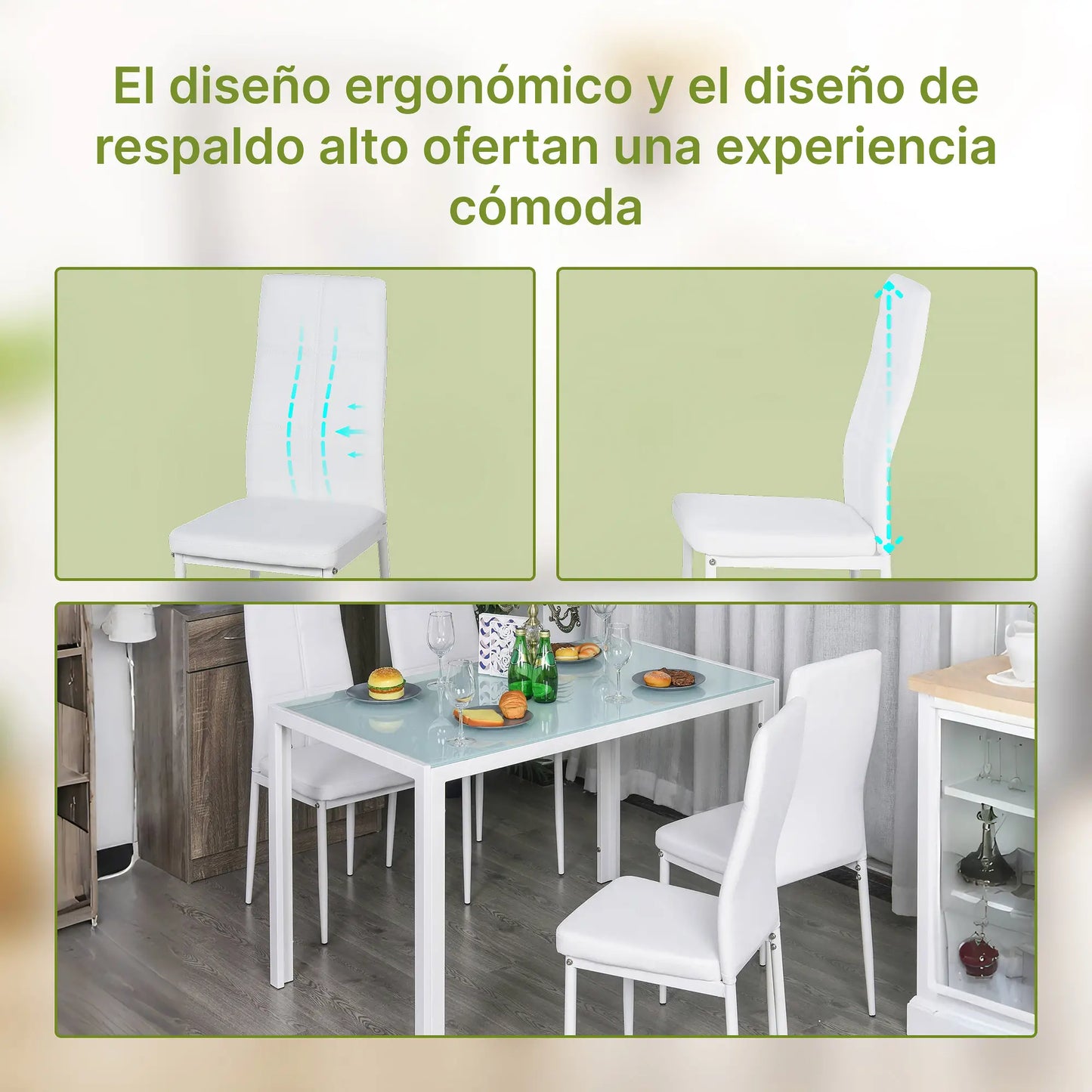 🤍 Conjunto de Comedor CRISTALIA 120 cm – Mesa Cristal + 4 Sillas Blancas