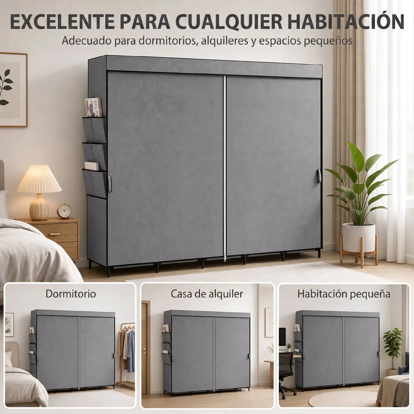 👕 ARMARIO DE TELA GRANDE 212 CM CON 5 BARRAS, 5 ESTANTES Y 6 BOLSILLOS – GRIS