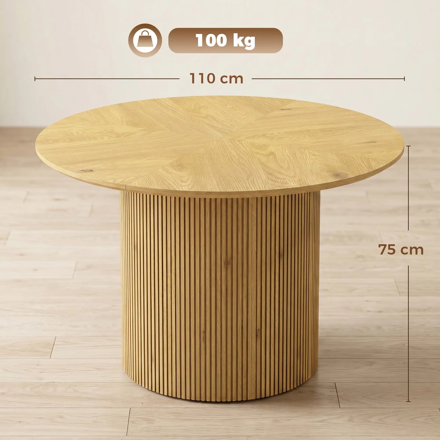 🪵 MESA DE COMEDOR REDONDA ROBLE 110 CM – DISEÑO MODERNO CON PEDESTAL ACANALADO