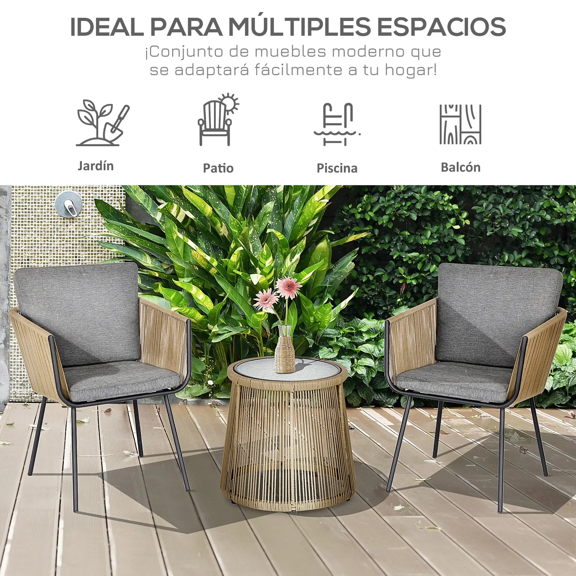 CONJUNTO DE JARDÍN RATÁN CAFÉ Y GRIS 2 SILLAS + MESA CRISTAL – MODELO SIENA image 2