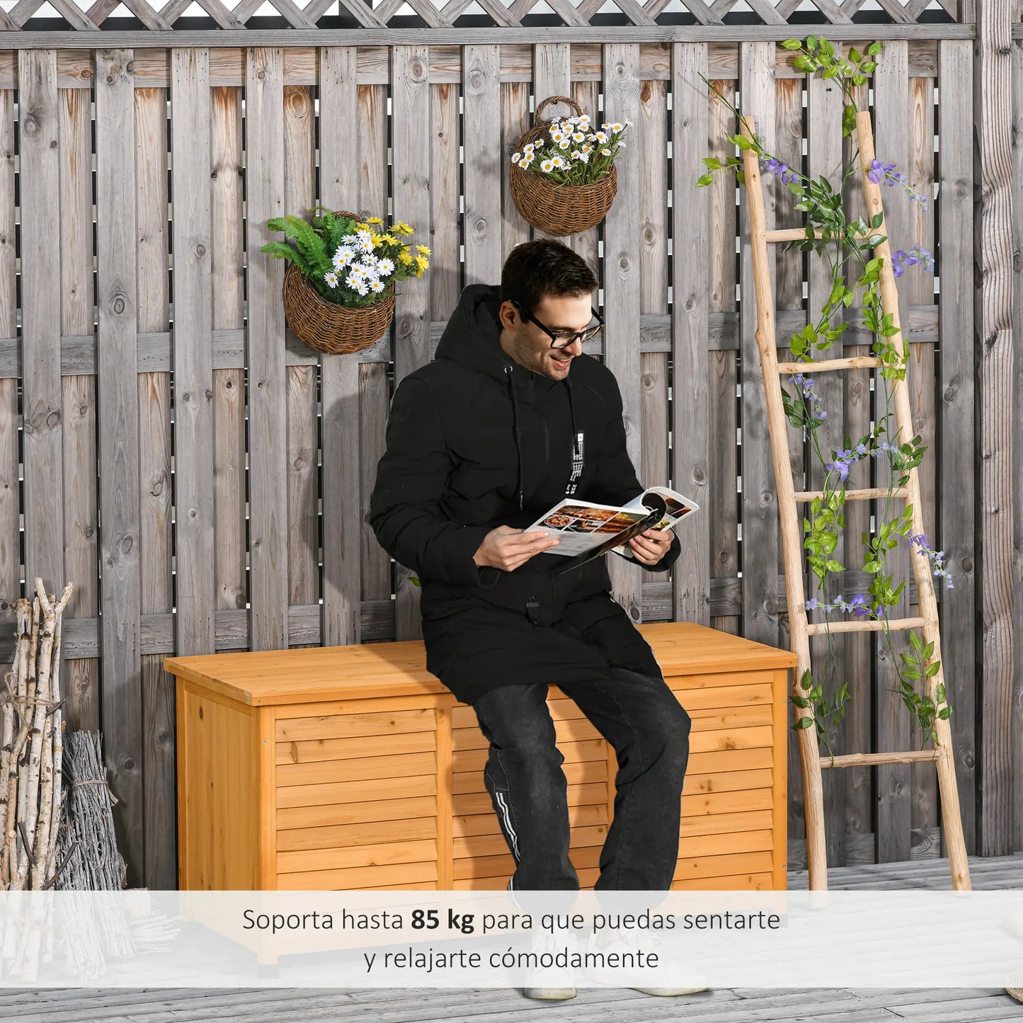BAÚL DE MADERA EXTERIOR CON TAPA ABRIBLE Y DISEÑO PERSIANA image 6