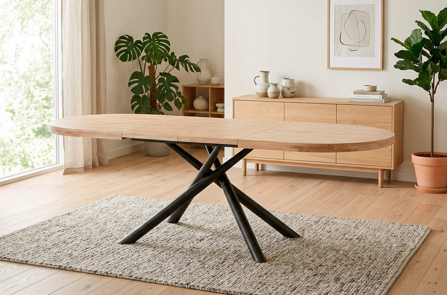 🍽️ Mesa de Comedor Extensible Senda Oval – Roble Nordish o Honey con Patas Metálicas Negras (160-200-240 cm)