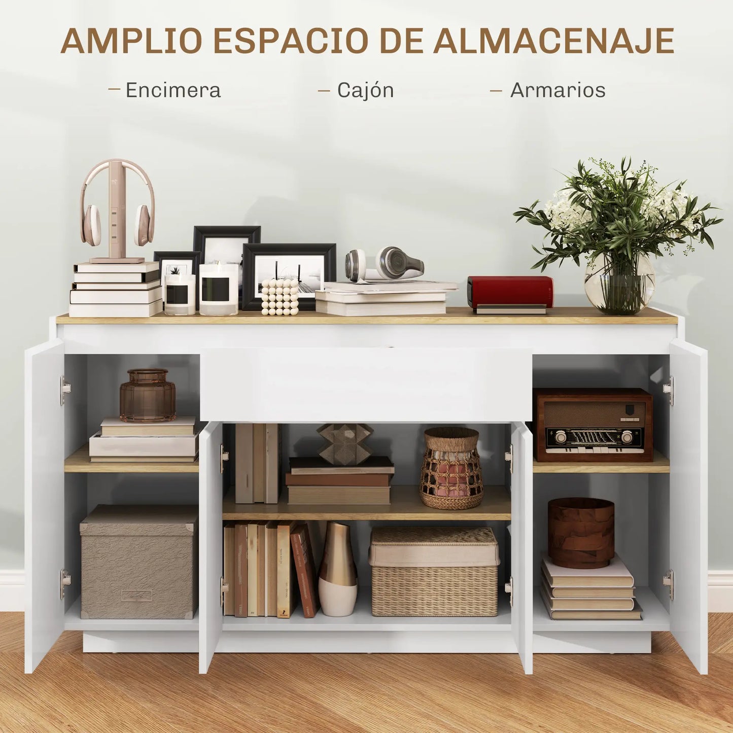 APARADOR DE SALÓN CON 4 PUERTAS, CAJÓN Y ESTANTES AJUSTABLES 140 CM – BLANCO BRI image 1