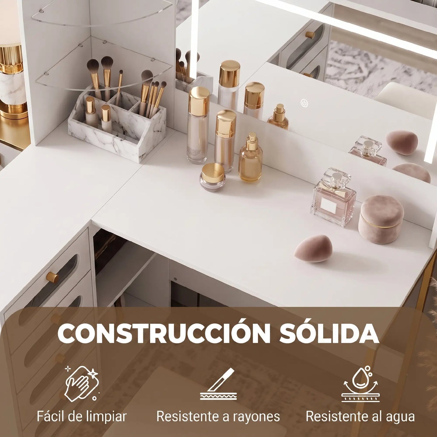 💄 TOCADOR DE MAQUILLAJE BLANCO CON ESPEJO LED, TABURETE Y 5 CAJONES