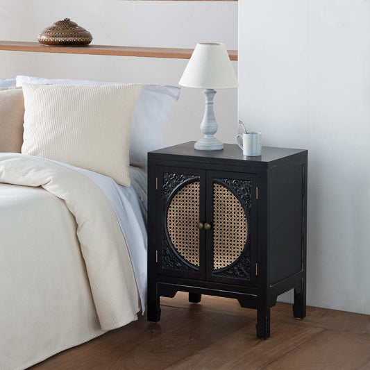 MESITA DE NOCHE ALIKA DE MADERA Y RATÁN CON 2 PUERTAS NEGRO image 0