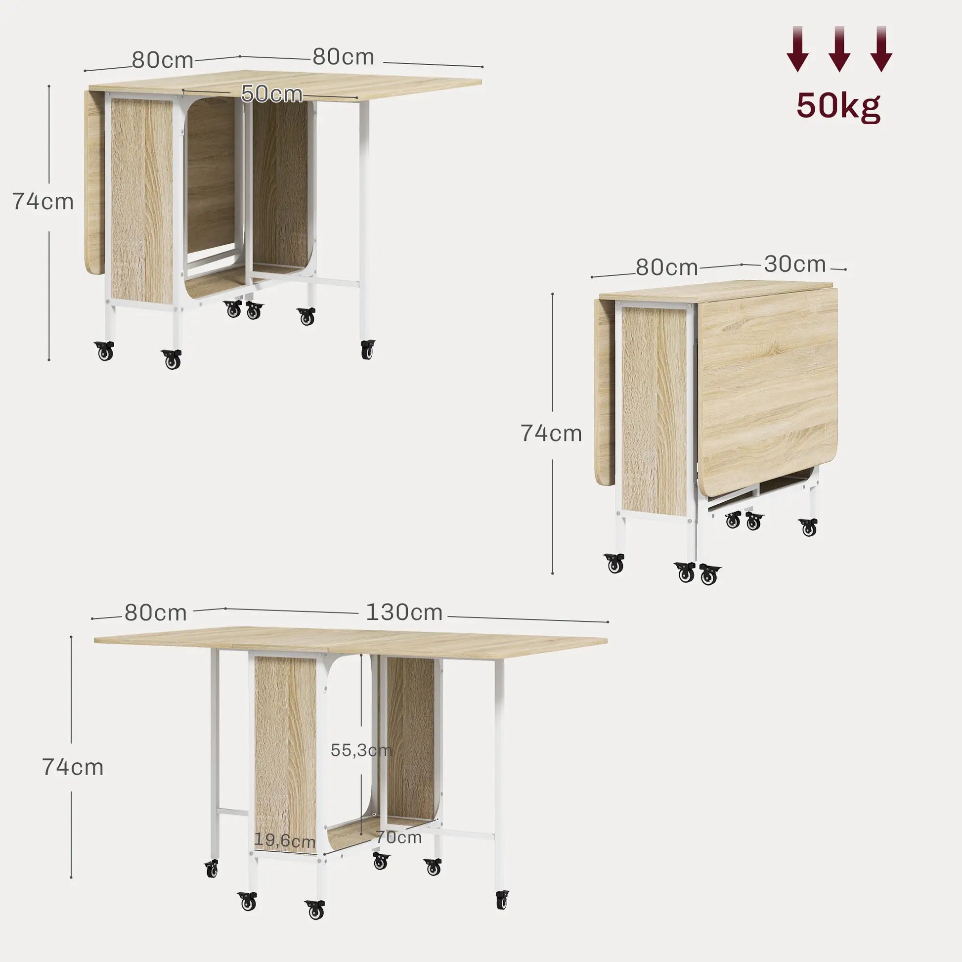 MESA DE COCINA PLEGABLE CON RUEDAS Y ALAS ABATIBLES 130x80 CM image 6