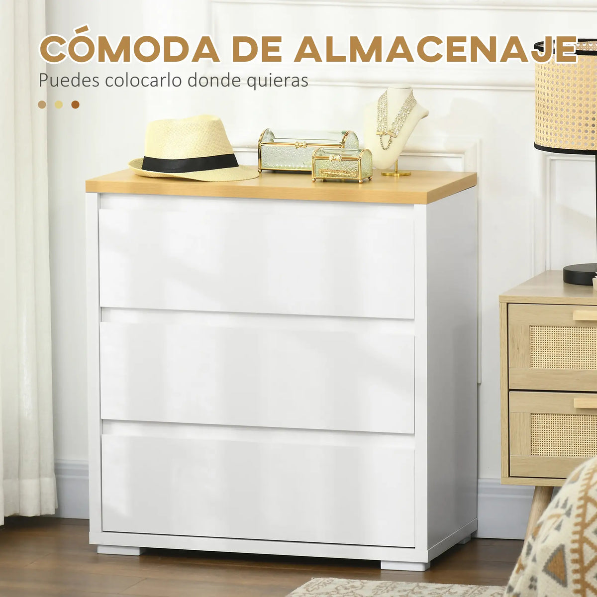 🤍 CÓMODA NORDIC PURE 3C – 3 CAJONES BLANCO Y MADERA NATURAL SIN TIRADORES