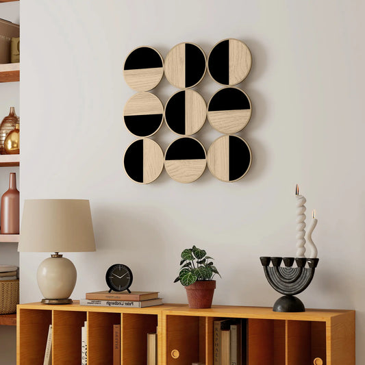 🖼️ CUADRO DECORATIVO DE PARED GEOMÉTRICO 3D 60 × 60 CM – DISEÑO MODERNO CON EFECTO MADERA, ESPEJO Y NEGRO