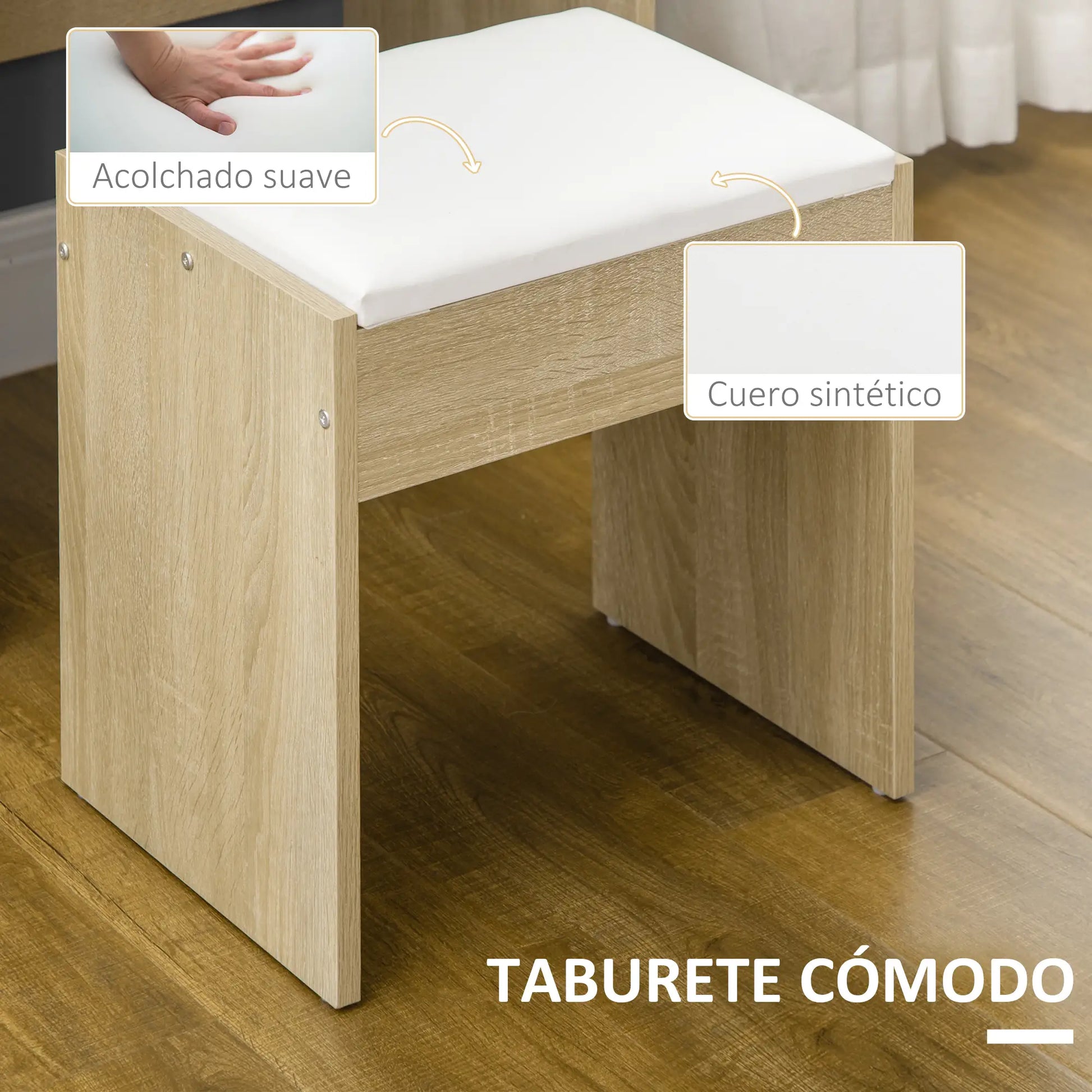 TOCADOR DE MAQUILLAJE NATURAL CHIC 4 CAJONES CON TABURETE image 7
