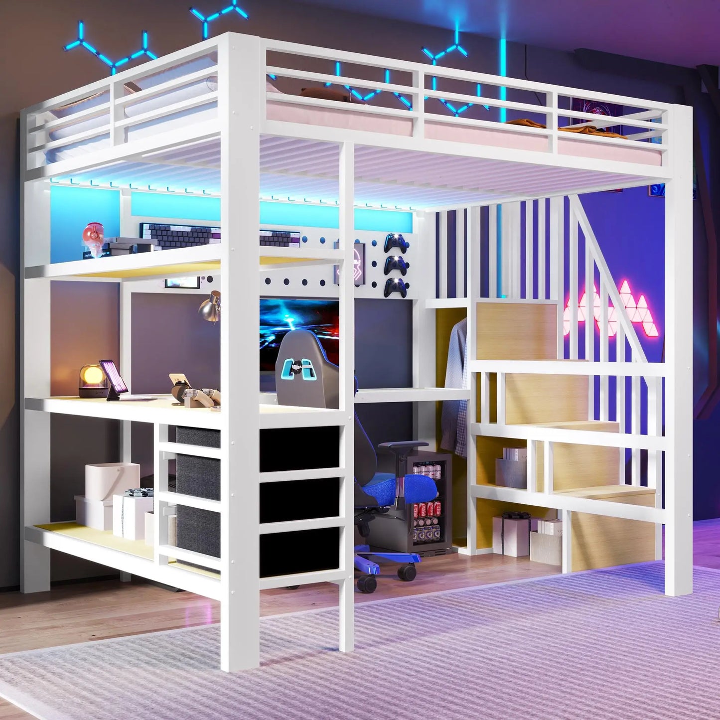 🎮 CAMA ALTA GAMER 140 × 200 CM CON ESCRITORIO, LED, ESTANTERÍAS Y 3 CAJONES | BLANCA | JAM MUEBLES