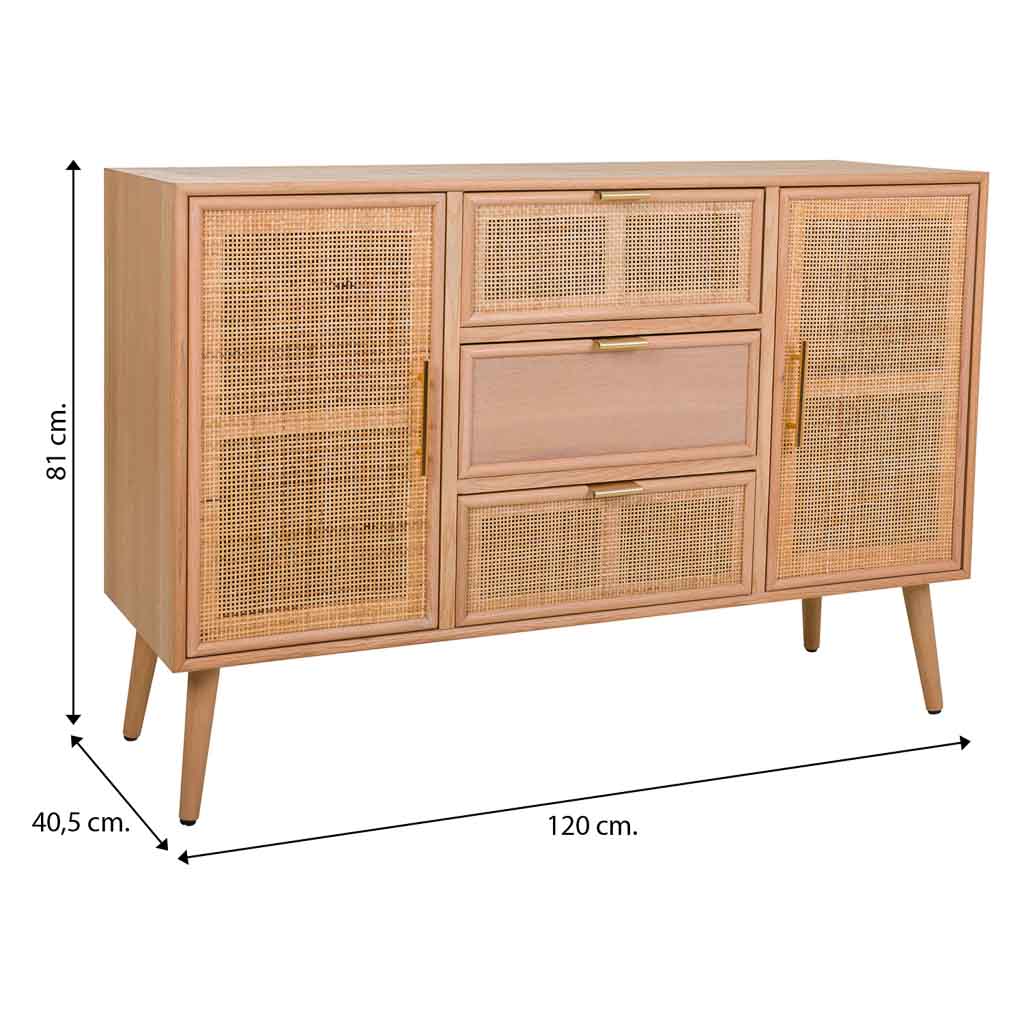 🪵 APARADOR TRENTO – MDF Y REJILLA DE CAÑA, 2 PUERTAS Y 3 CAJONES, 120x40,5x81 CM