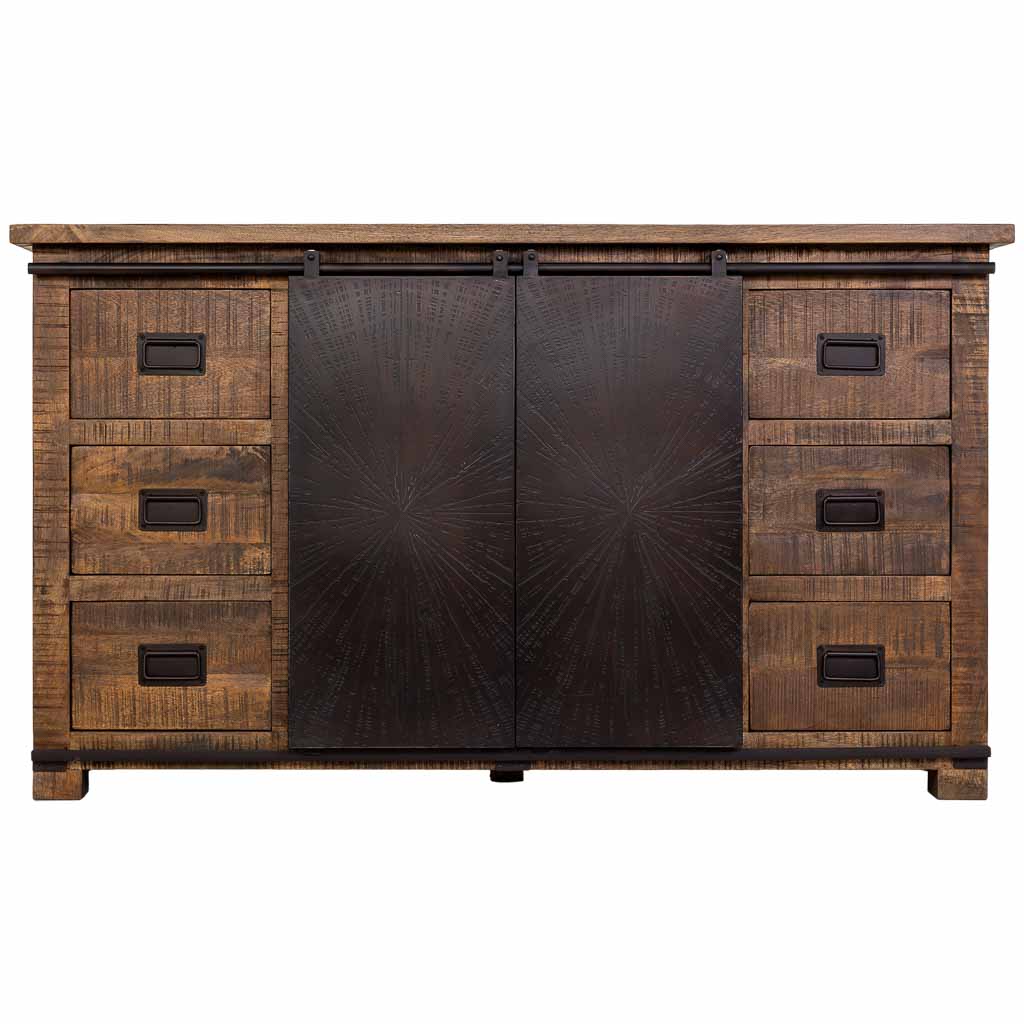 APARADOR ÓXIDO ARTESANAL DE MADERA MACIZA CON 2 PUERTAS CORREDERAS Y 6 CAJONES image 6