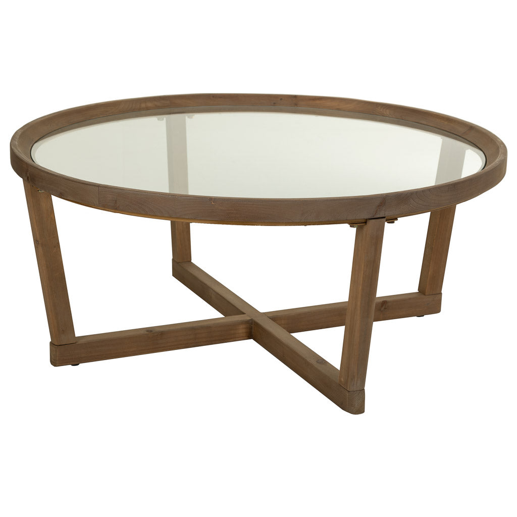 ☕ MESA DE CENTRO DUNA 100 – MADERA DE ABETO + CRISTAL TEMPLADO · REDONDA · ESTILO INDUSTRIAL