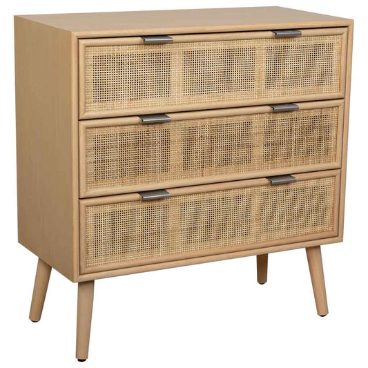 🪵 CÓMODA TRENTO – MDF Y REJILLA DE CAÑA, 3 CAJONES, 75x35x78 CM
