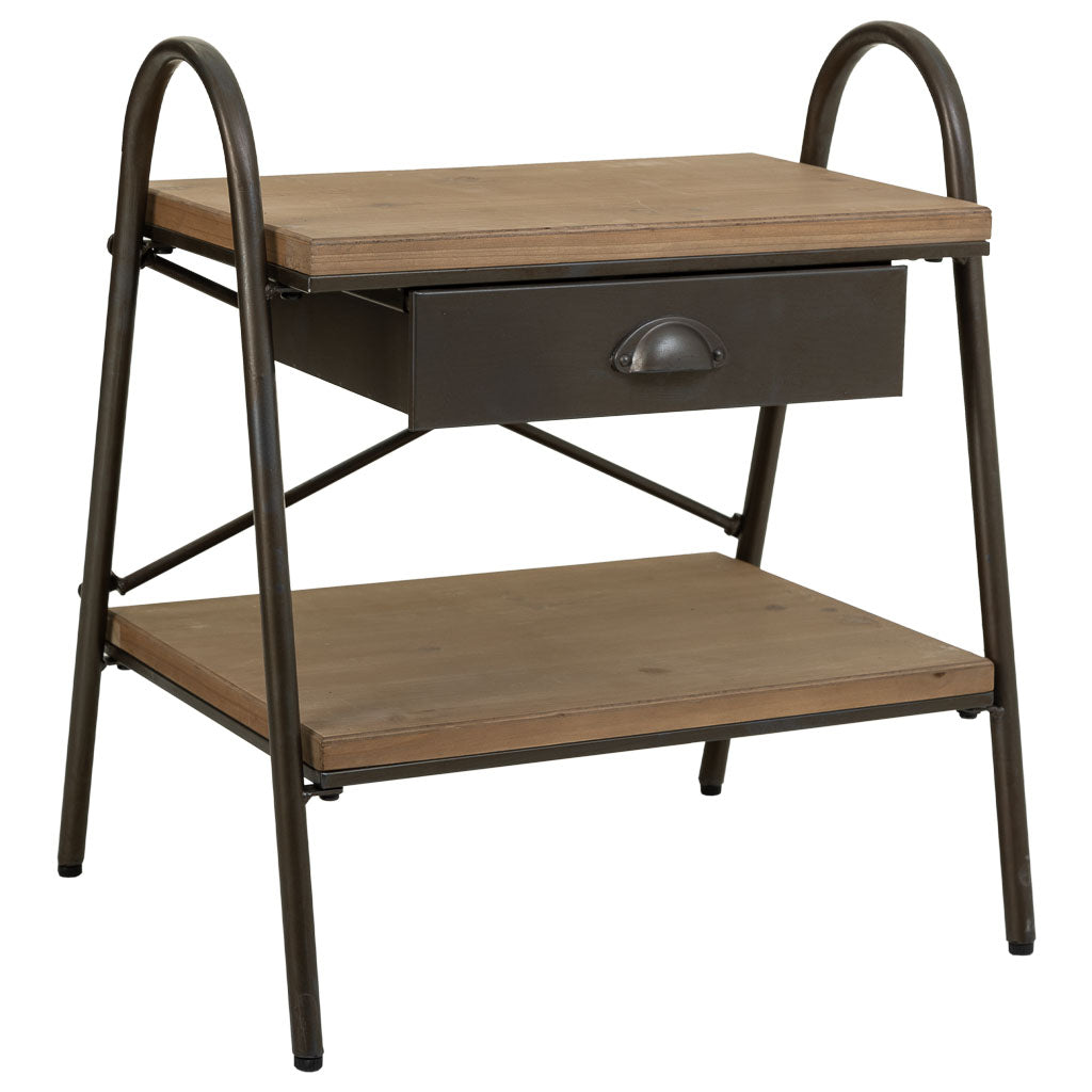 🛏️ MESITA DUNA 52 – MADERA DE ABETO + METAL · 1 CAJÓN + BALDA · ESTILO INDUSTRIAL