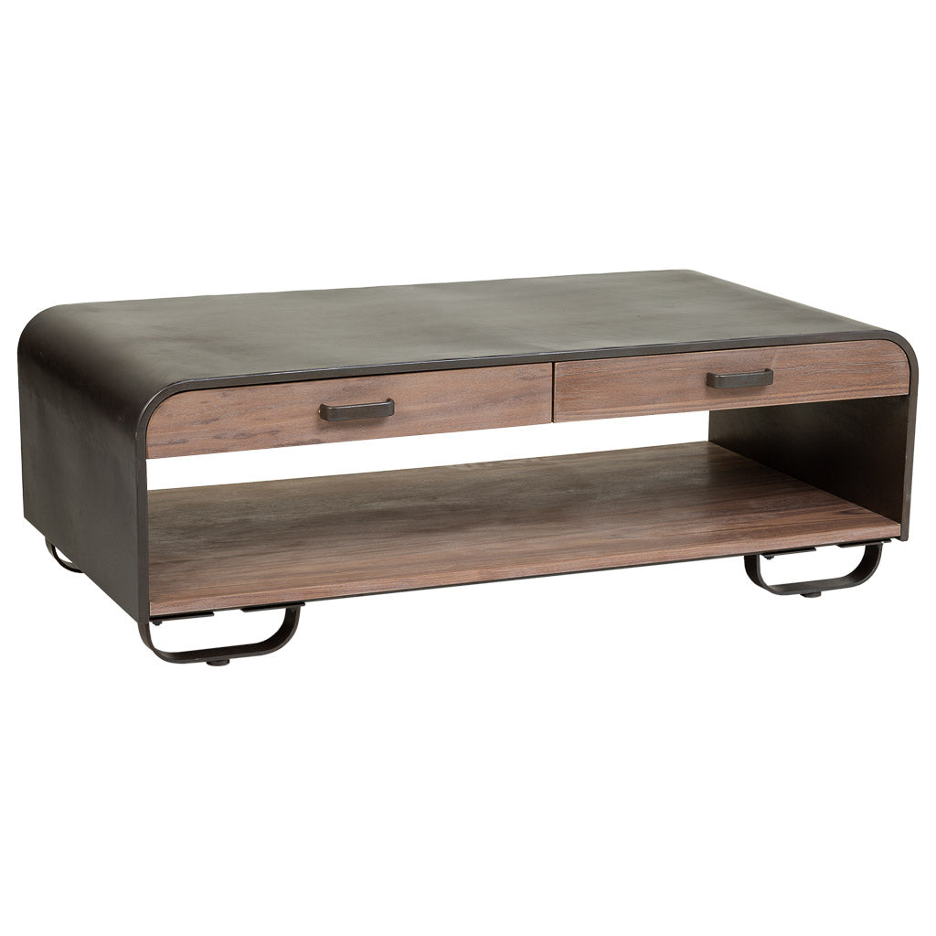 ☕ MESA DE CENTRO DUNA 120 – MADERA + METAL NEGRO · 2 CAJONES + BALDA INFERIOR · ESTILO INDUSTRIAL