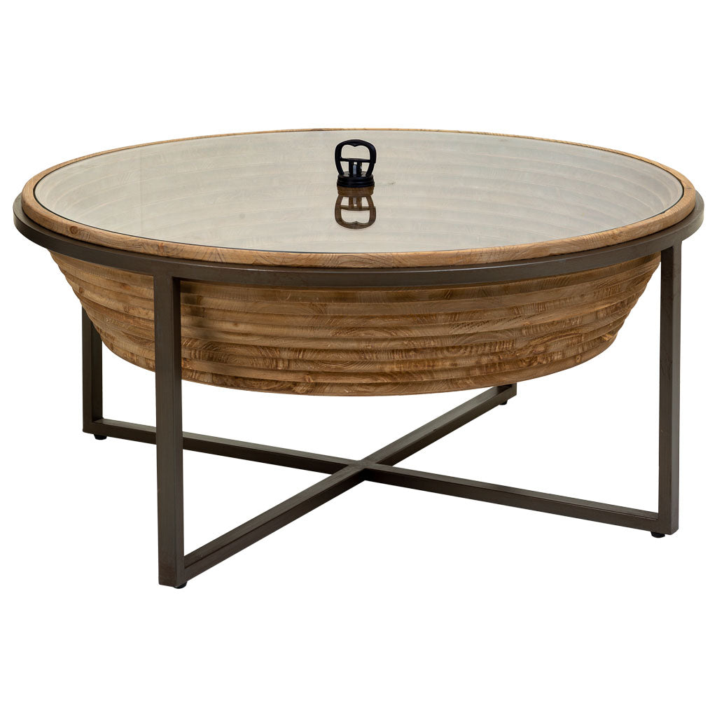 ☕ MESA DE CENTRO DUNA 102 – MADERA + METAL + CRISTAL · REDONDA · ESTILO INDUSTRIAL