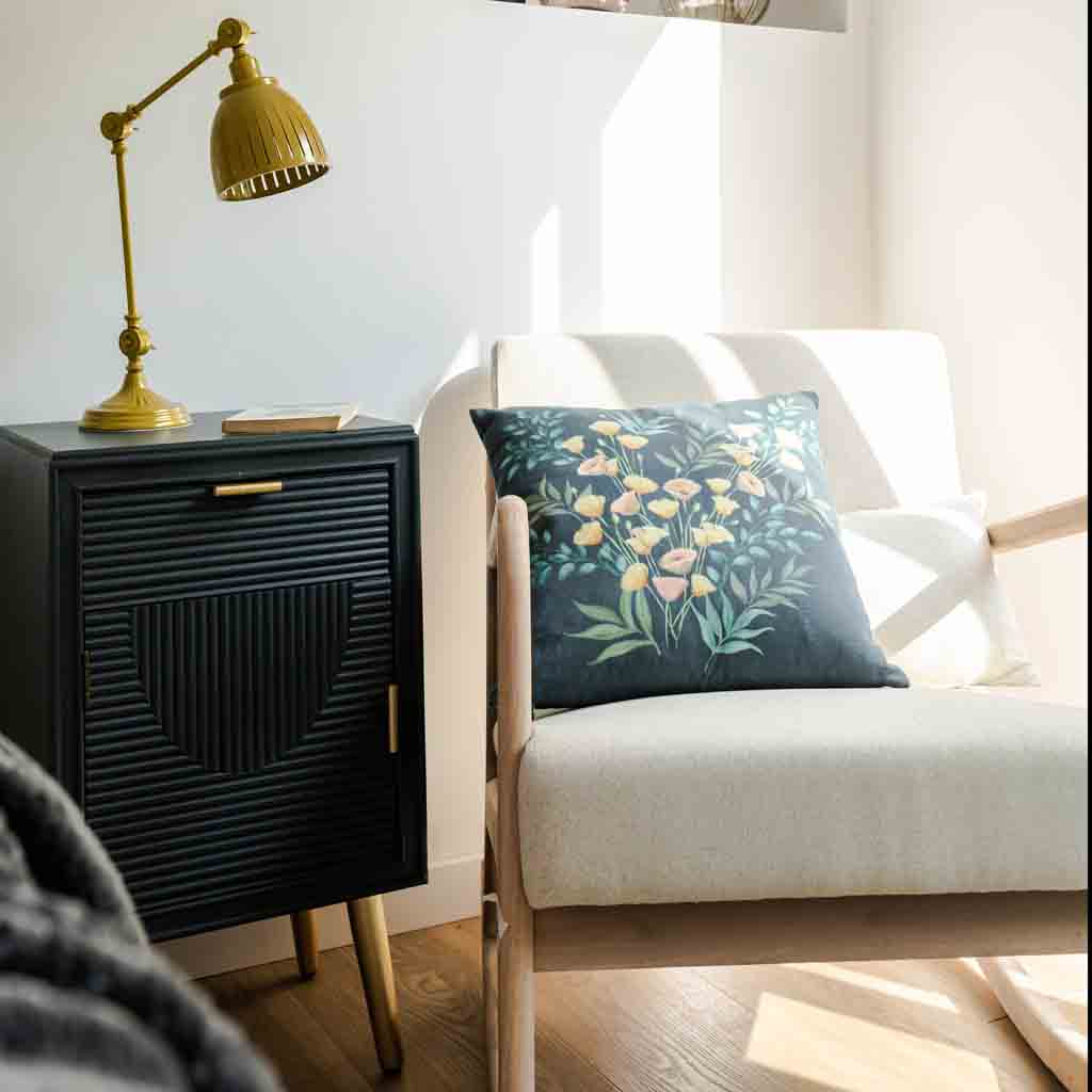 🛏️ Mesita de Noche Colección NIA 1 Puerta y 1 Cajón – Gris Antracita con Detalles Dorados
