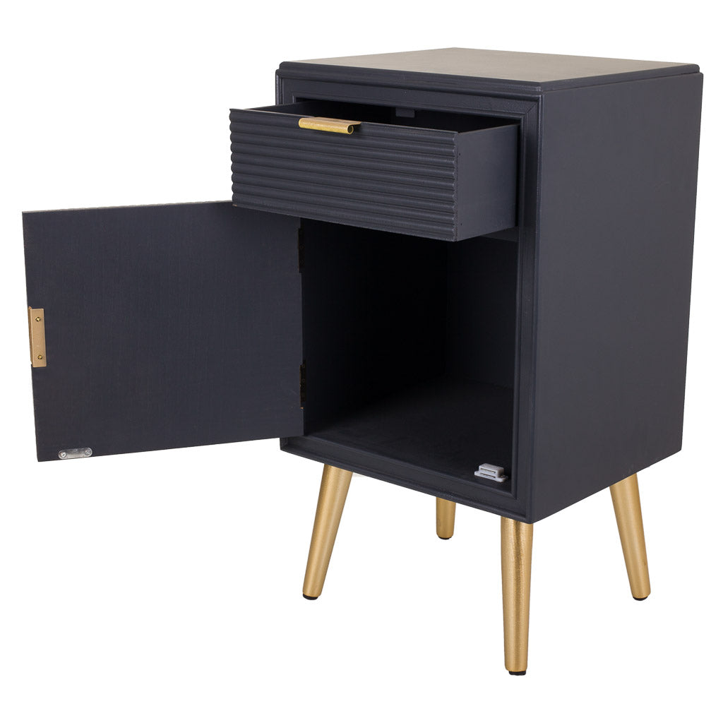 🛏️ Mesita de Noche Colección NIA 1 Puerta y 1 Cajón – Gris Antracita con Detalles Dorados