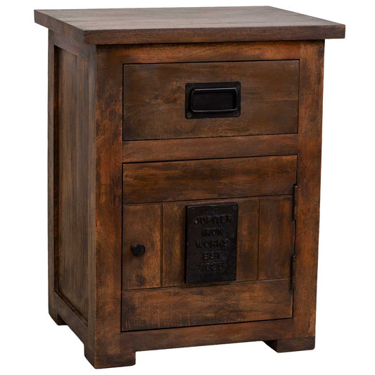 MESITA ÓXIDO ARTESANAL DE MADERA MACIZA CON 1 PUERTA Y 1 CAJÓN image 0