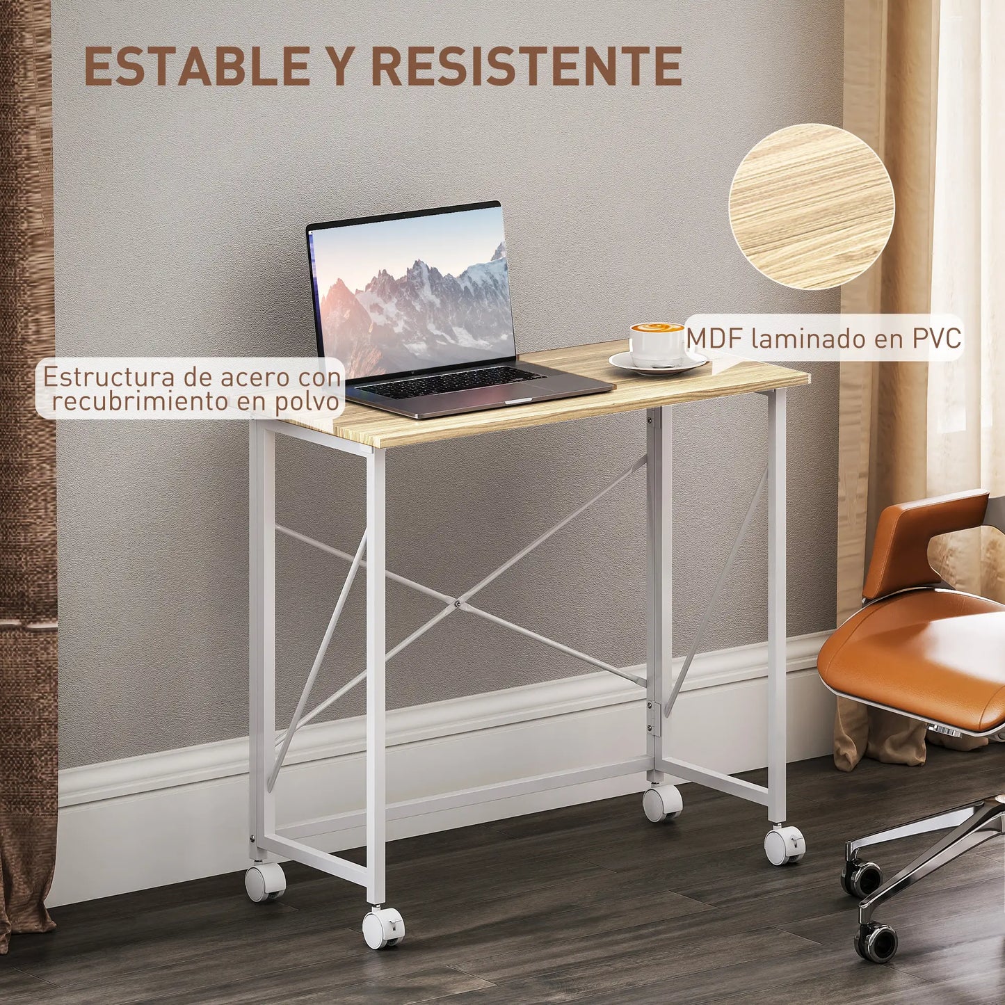 ESCRITORIO PLEGABLE CON RUEDAS FLEXIROLL 80x40 CM NATURAL Y BLANCO image 7