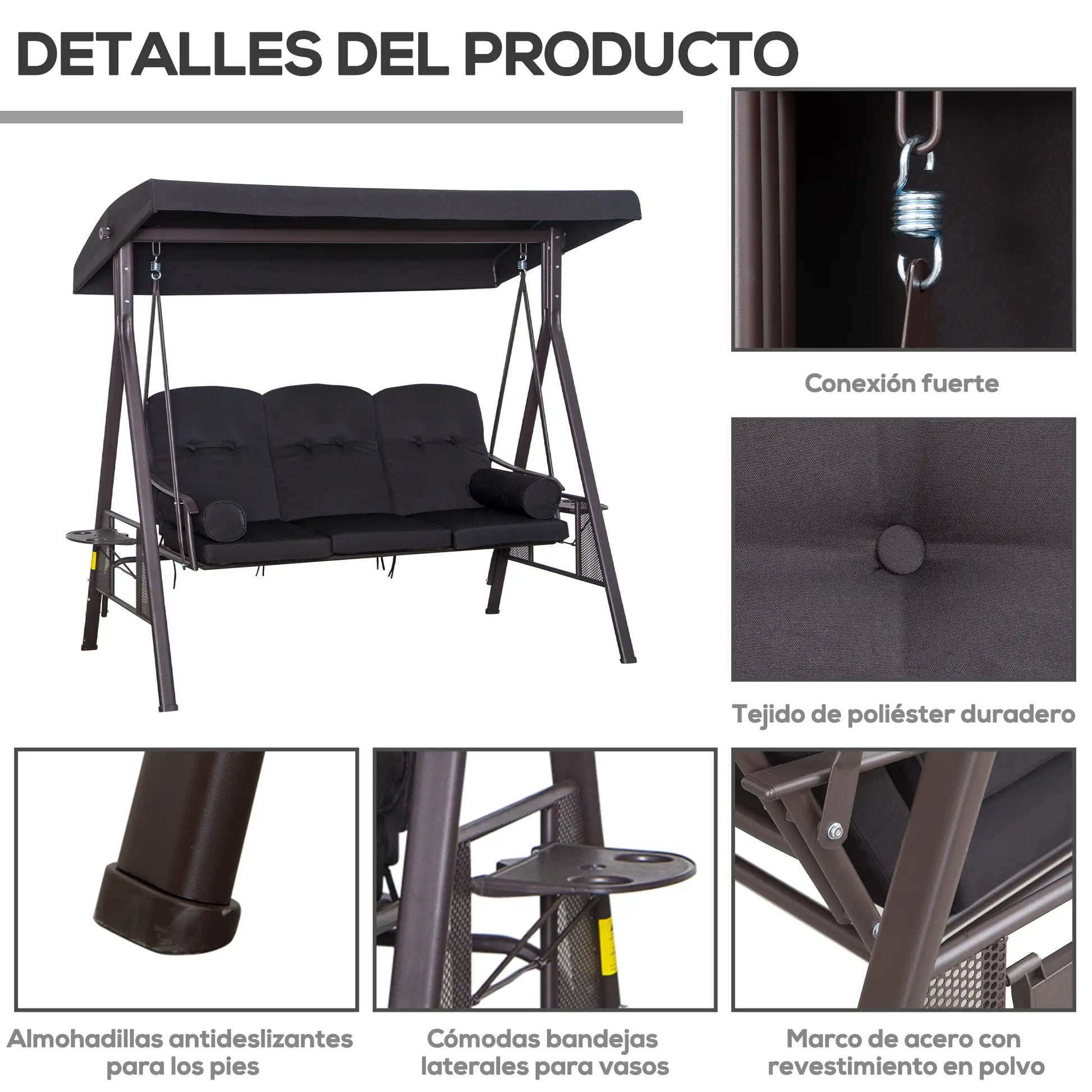 BALANCÍN DE JARDÍN 3 PLAZAS CON TOLDO Y BANDEJAS MODELO SIERRA image 3