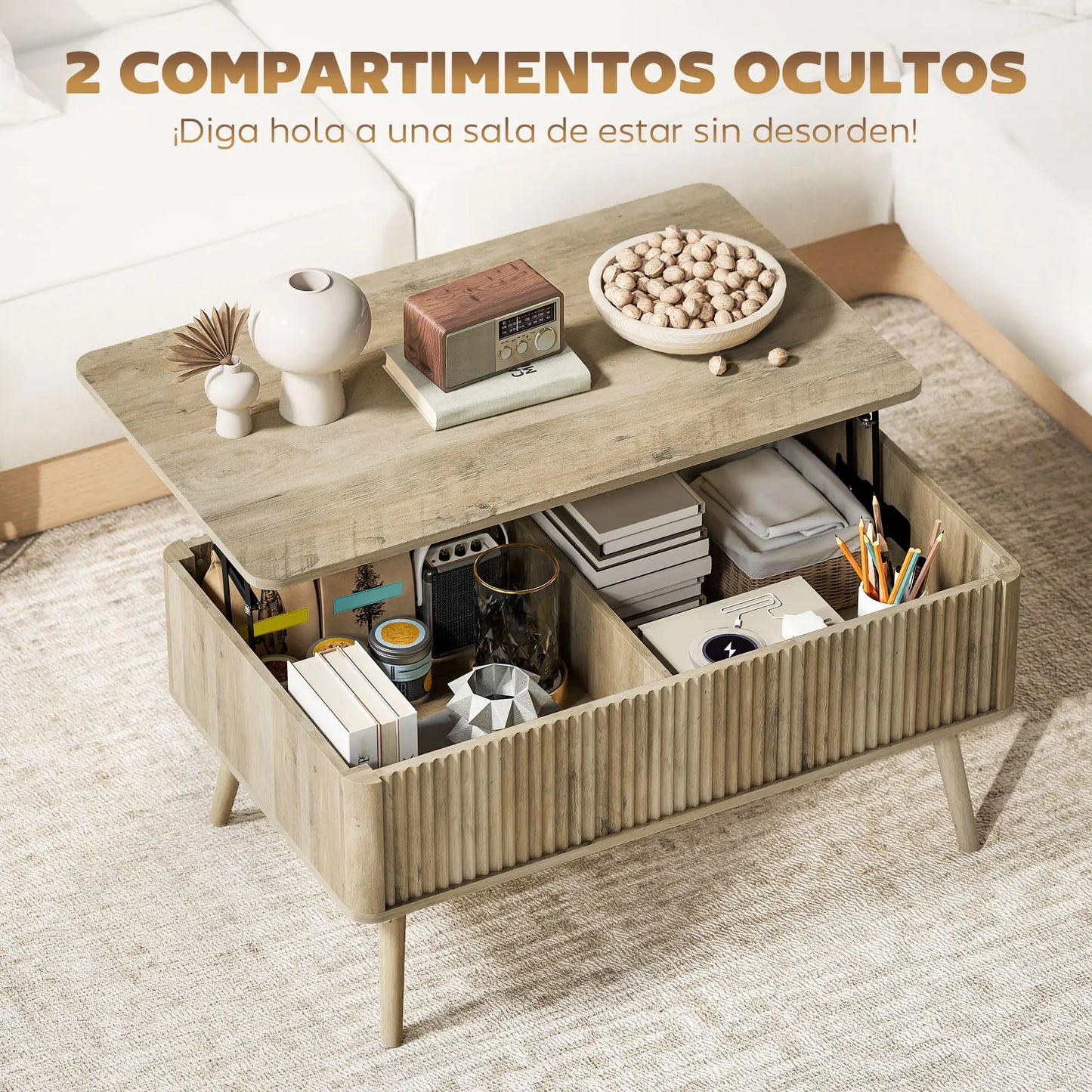 Mesa de Centro Elevable con Almacenaje Oculto y Patas de Pino 91 cm en Roble image 7