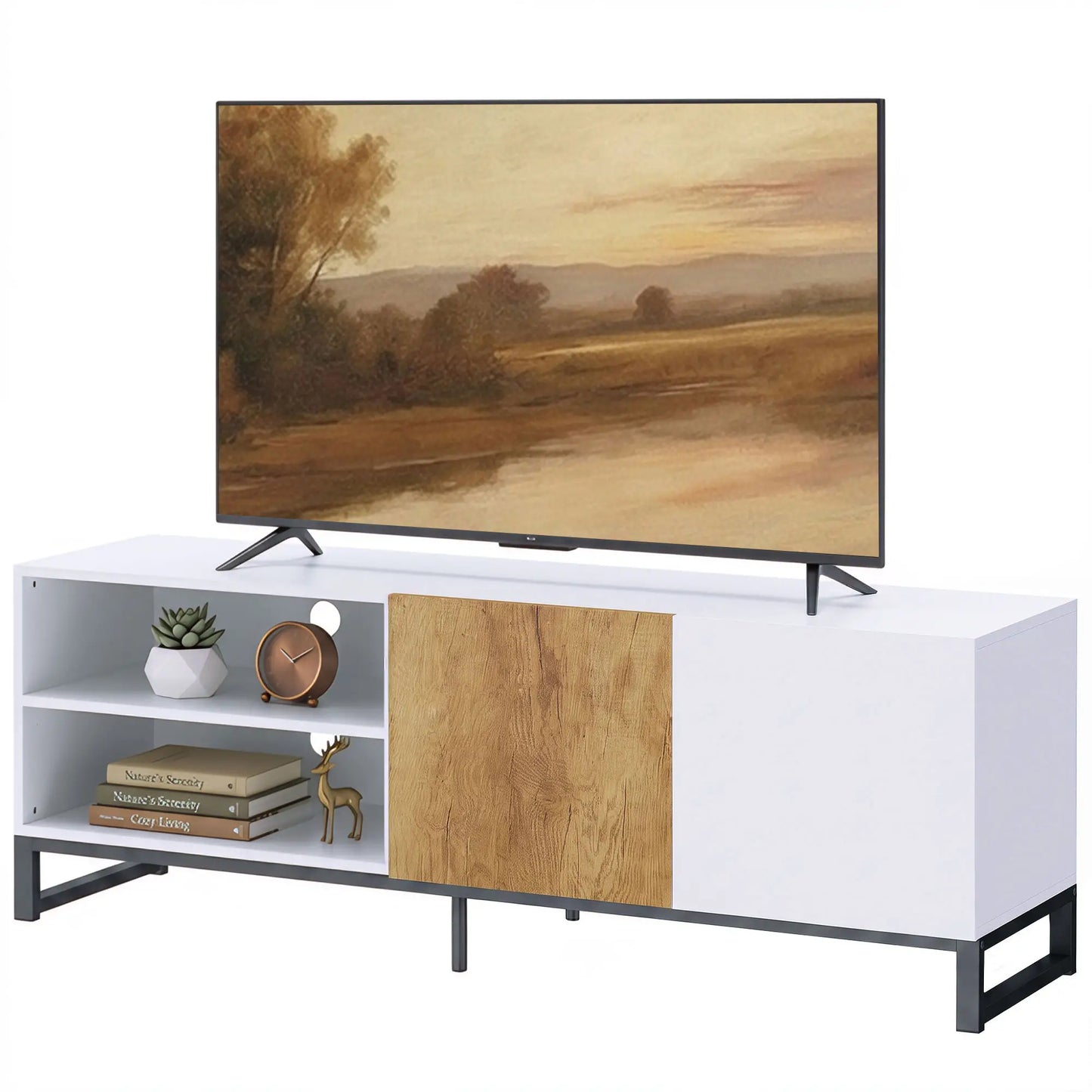 📺 Mueble TV Moderno Blanco y Roble hasta 140 cm | Estantes Ajustables | JAM MUEBLES