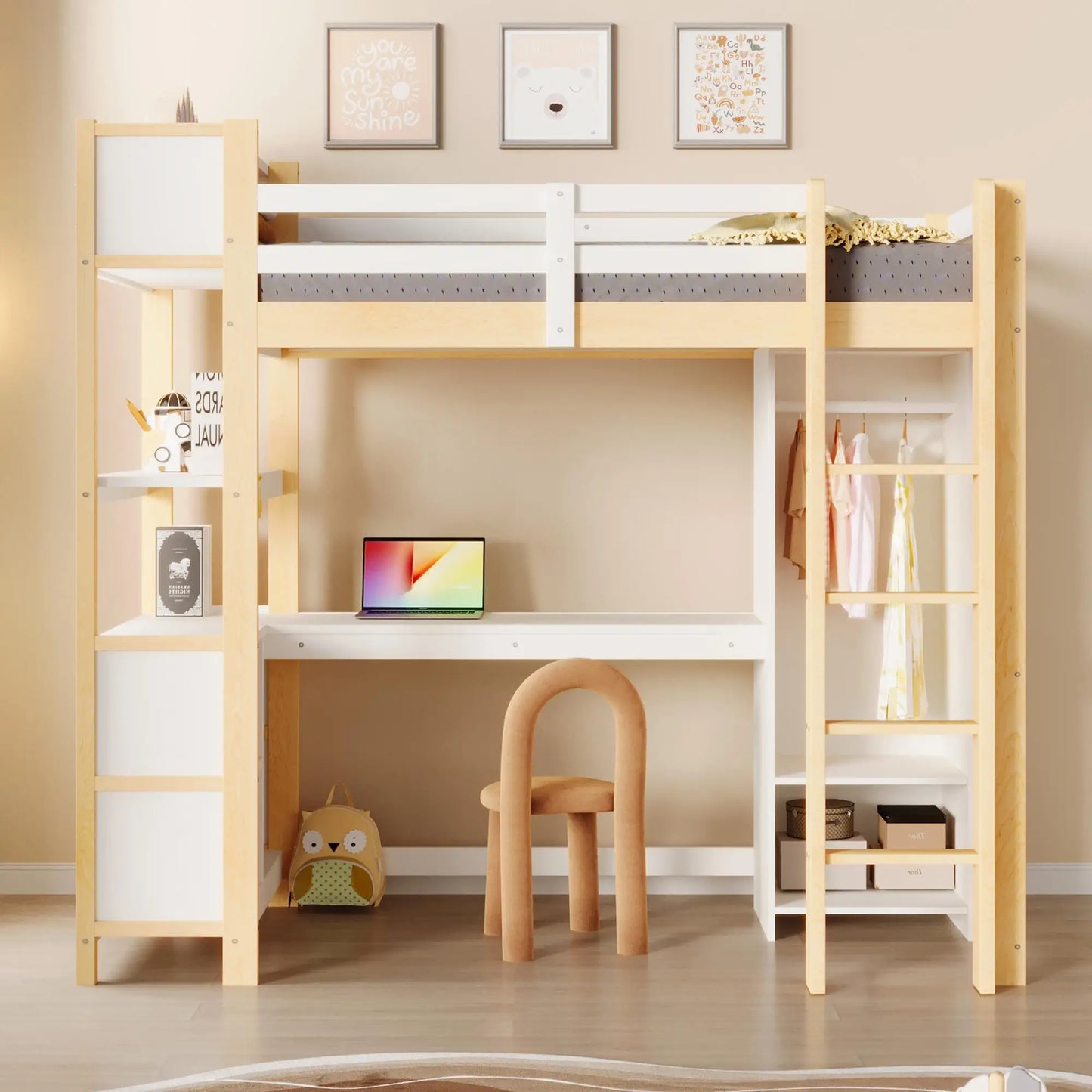 🛏️ CAMA ALTA INFANTIL 90x200 CM CON ESCRITORIO, ARMARIO Y ESTANTERÍAS – BLANCO O COLOR NATURAL