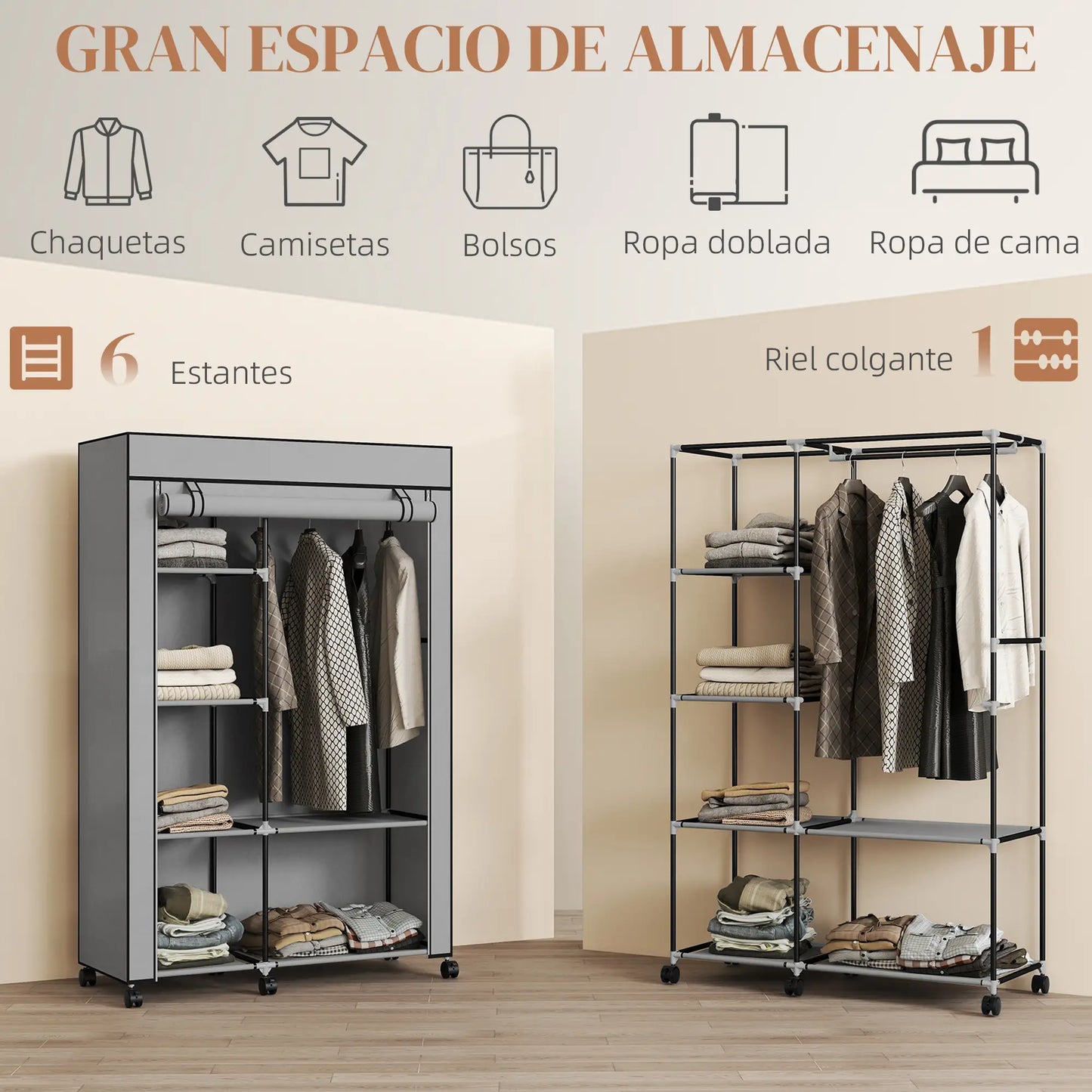 👕 ARMARIO DE TELA PLEGABLE 103 CM CON 6 ESTANTES Y BARRA PARA COLGAR – 5 COLORES