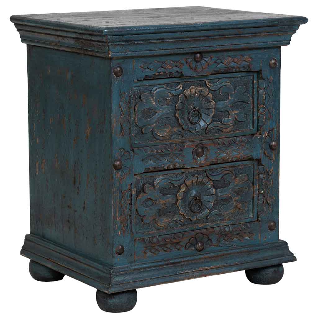 MESITA DE NOCHE DALIAN ARTESANAL AZUL PATINADO DE MADERA image 0