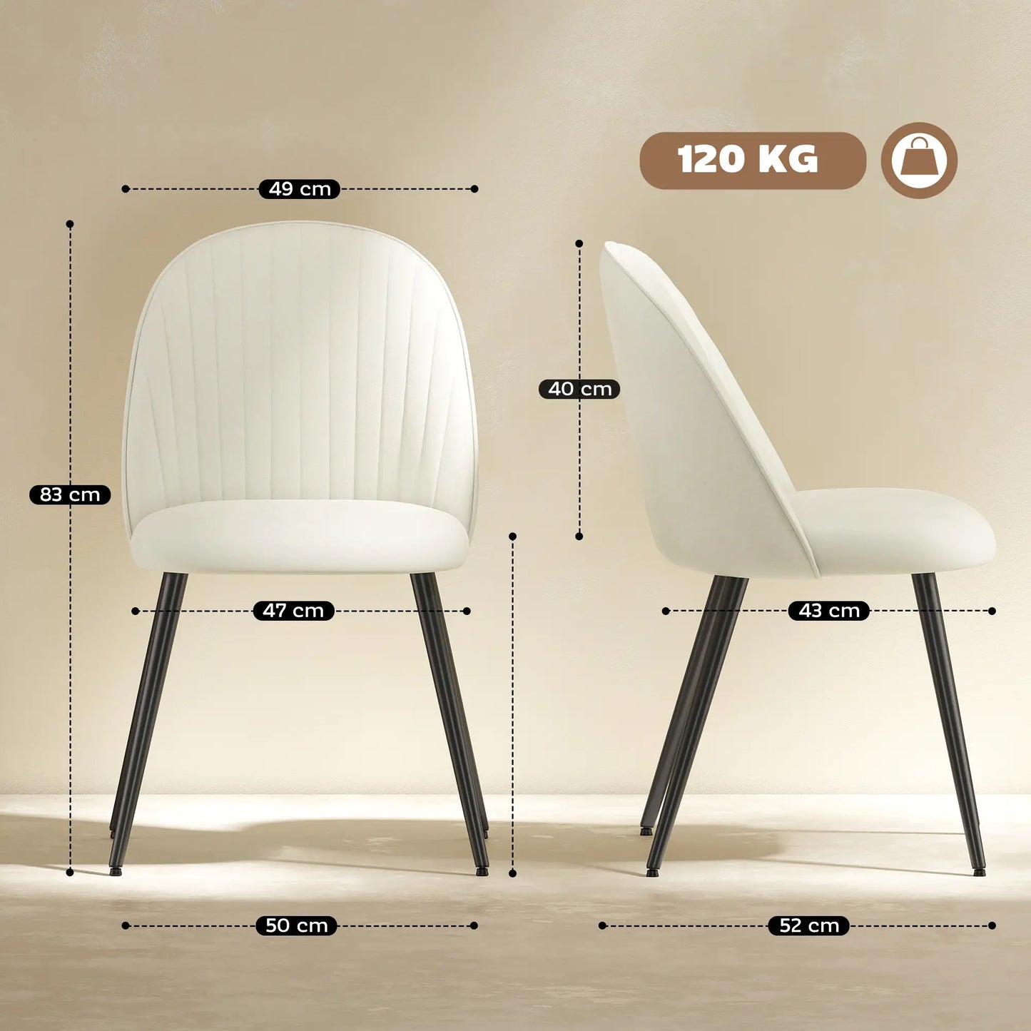PACK DE 4 SILLAS DE COMEDOR MODERNAS TAPIZADAS EN TERCIOPELO – COLOR CREMA image 5