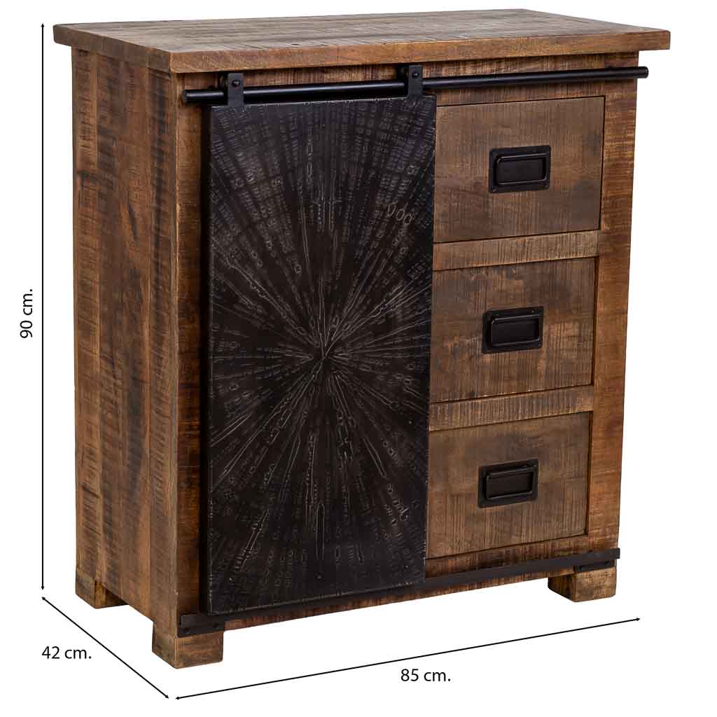 CÓMODA ÓXIDO ARTESANAL DE MADERA MACIZA CON PUERTA CORREDERA Y 3 CAJONES image 6