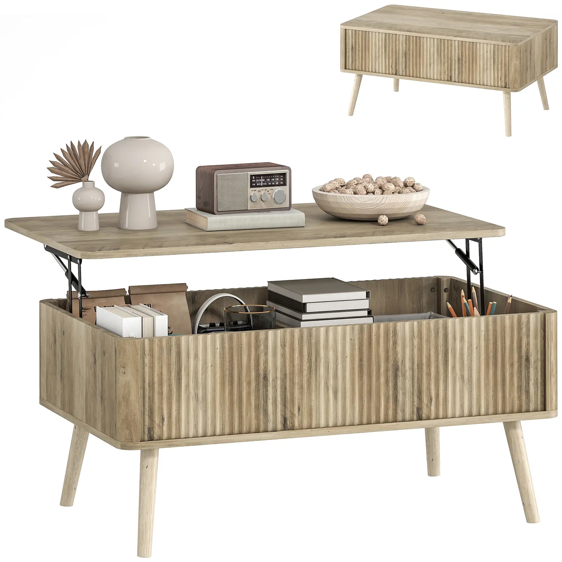 Mesa de Centro Elevable con Almacenaje Oculto y Patas de Pino 91 cm en Roble image 8