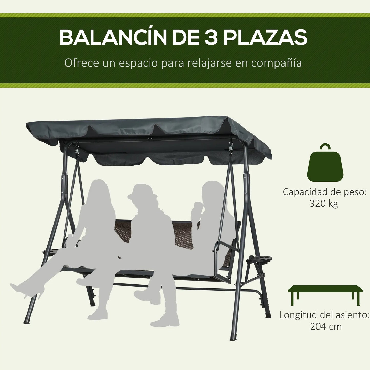 COLUMPIO DE JARDÍN 3 PLAZAS CON TOLDO AJUSTABLE RELAX GARDEN PRO image 8