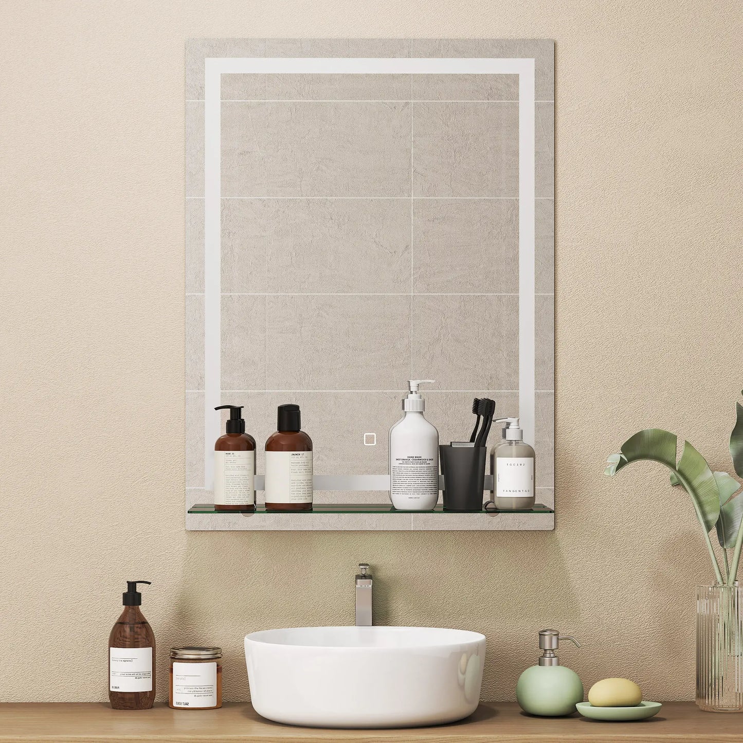 ESPEJO DE BAÑO LED AURION SHELF 60X80 CON ESTANTE DE VIDRIO Y MEMORIA image 1