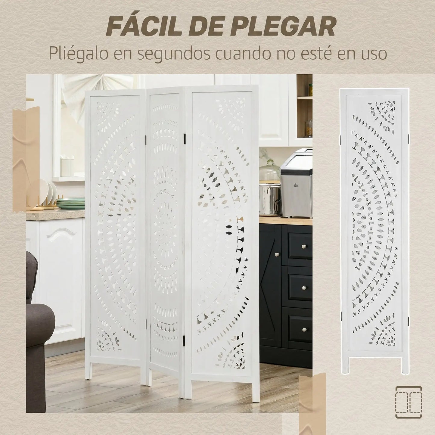 🚪 BIOMBO PLEGABLE DE MADERA 3 PANELES 120 × 170 CM – DISEÑO TALLADO, PRIVACIDAD Y ELEGANCIA
