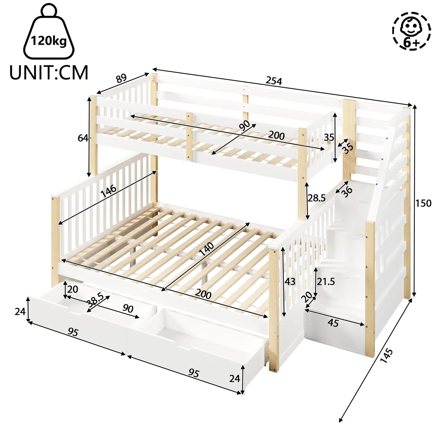 🛏️ LITERA FAMILIAR 90 × 200 + 140 × 200 CM CON ESCALERA, BARANDILLA Y ALMACENAMIENTO | BLANCO Y NATURAL | JAM MUEBLES