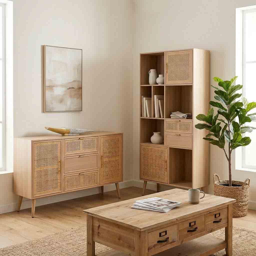 🪵 APARADOR TRENTO – MDF Y REJILLA DE CAÑA, 2 PUERTAS Y 3 CAJONES, 120x40,5x81 CM
