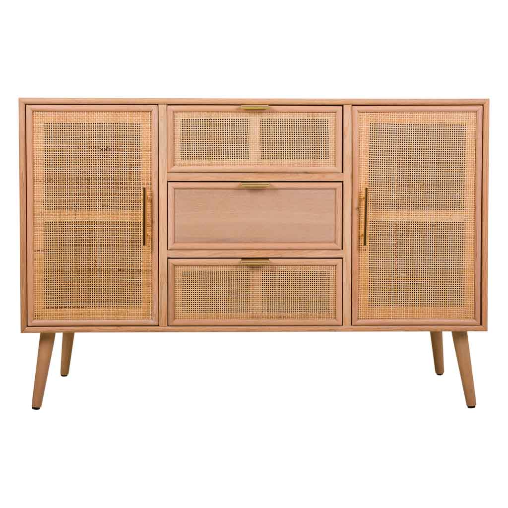 🪵 APARADOR TRENTO – MDF Y REJILLA DE CAÑA, 2 PUERTAS Y 3 CAJONES, 120x40,5x81 CM