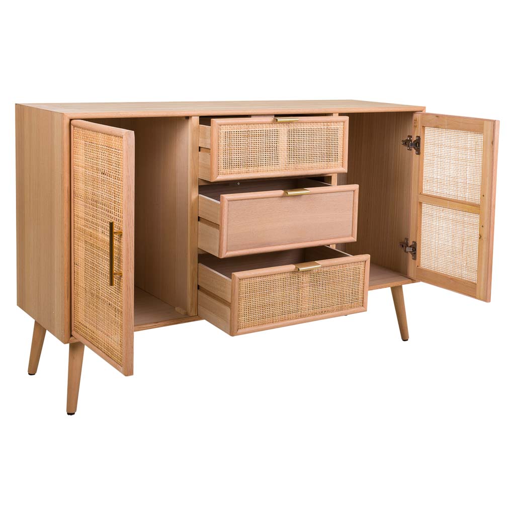 🪵 APARADOR TRENTO – MDF Y REJILLA DE CAÑA, 2 PUERTAS Y 3 CAJONES, 120x40,5x81 CM