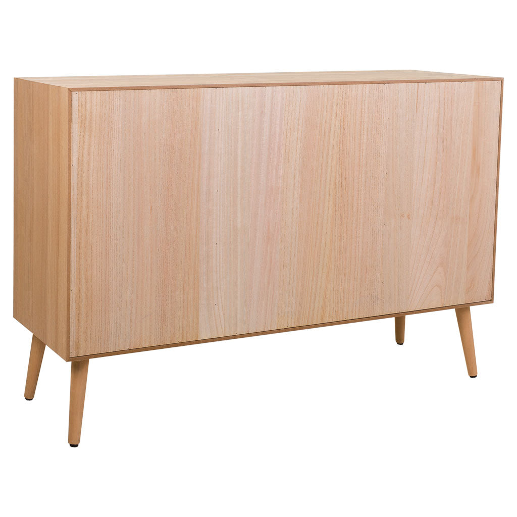 🪵 APARADOR TRENTO – MDF Y REJILLA DE CAÑA, 2 PUERTAS Y 3 CAJONES, 120x40,5x81 CM